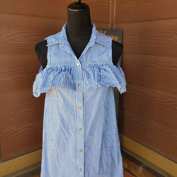 MICHAEL KORS Blue & White Pinstripe Cold Shoulder Mini Dress Women's Size 4 NWOT - Picture 10 of 15